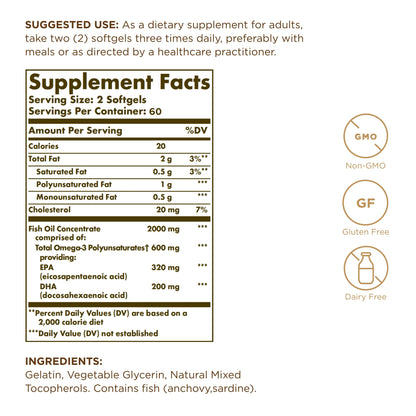 Solgar Omega-3 Fish Oil Concentrate • 120 Softgels • Joint & Metabolic Health • Gluten Free, Non-GMO, Dairy Free • 60 Servings