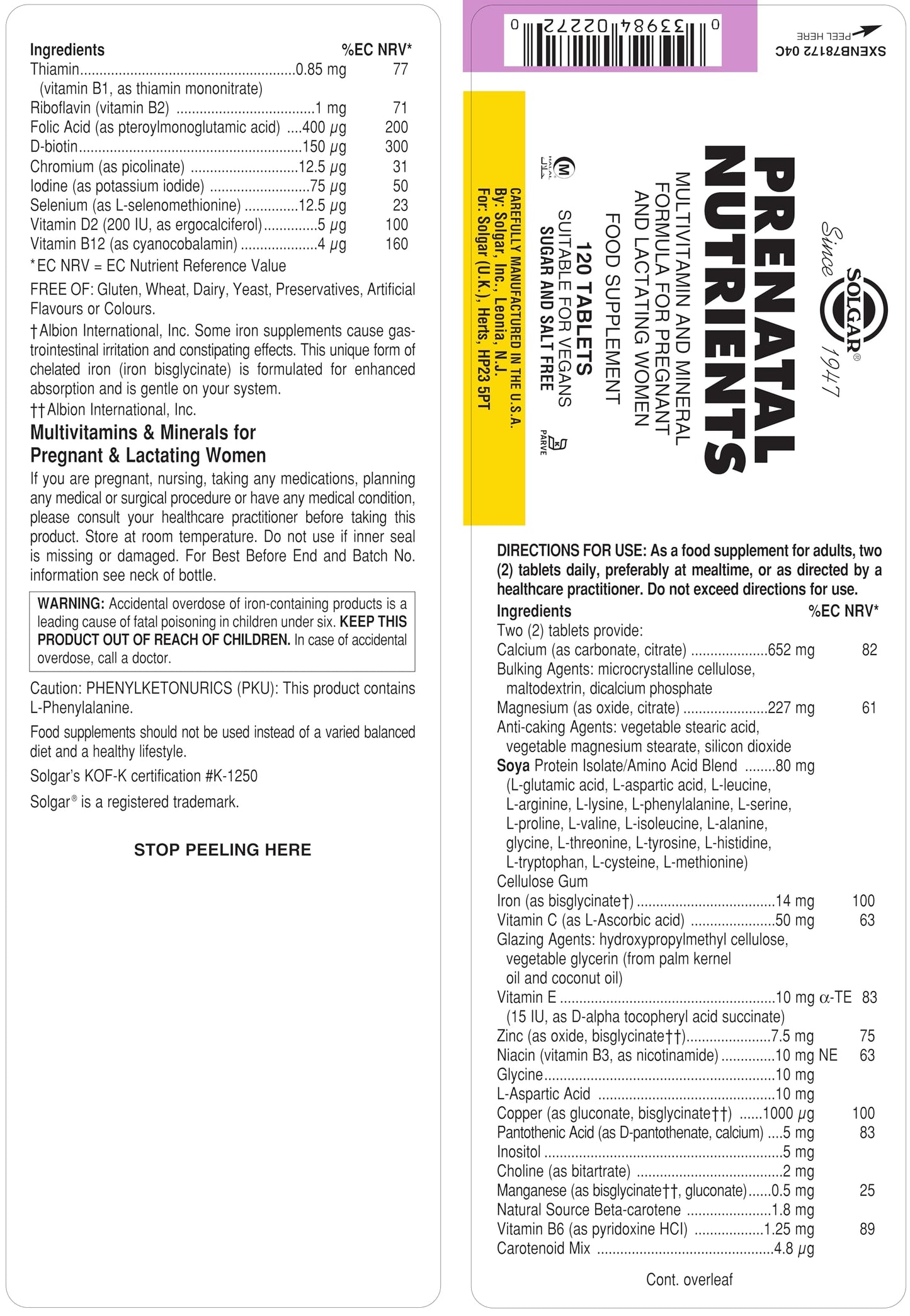 Solgar Prenatal Nutrients - 120 Tablets | Pregnancy Multivitamin & Mineral
