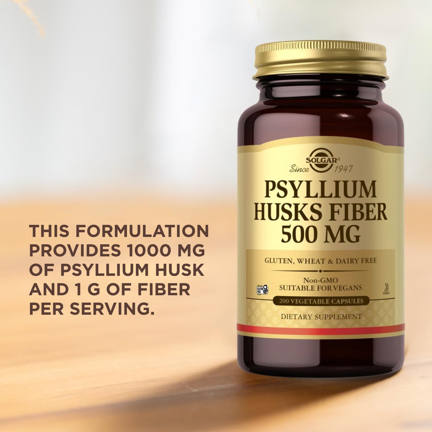 Solgar Psyllium Husks Fiber 500 mg - 200 Veg Capsules | Non-GMO & Vegan