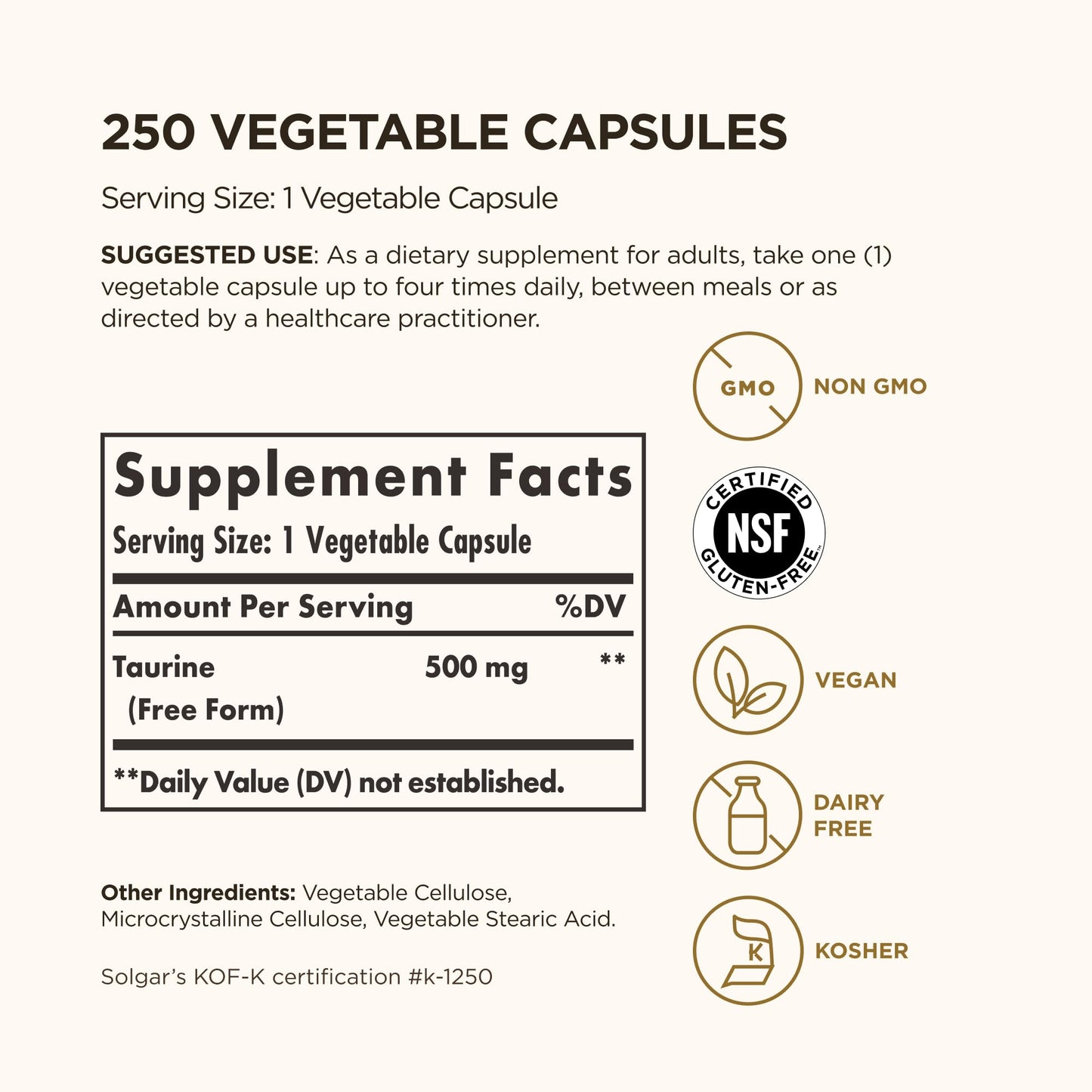Solgar Taurine 500 mg – 250 Vegetarian Capsules | Antioxidant & Brain Health