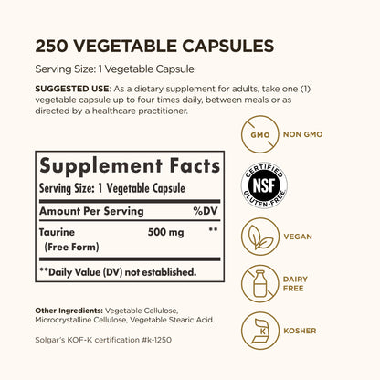 Solgar Taurine 500 mg – 250 Vegetarian Capsules | Antioxidant & Brain Health