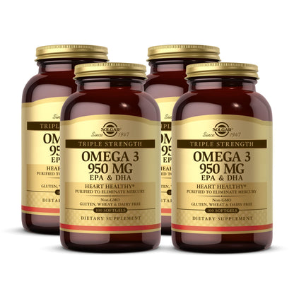 Solgar Triple Strength Omega-3 950 mg | 100 Softgels (Pack of 4) | Supports Joints & Skin Health | Non-GMO, Gluten Free, Dairy Free