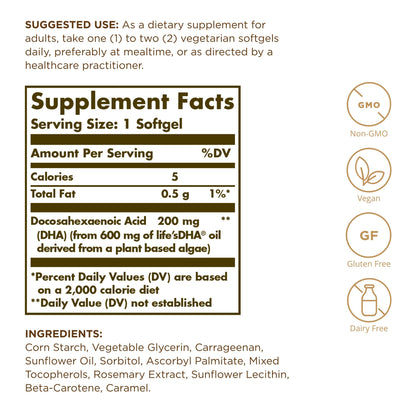 Solgar Vegetarian DHA 200 mg - 50 Vegetarian Softgels | Vegan Omega-3, Gluten Free, Dairy Free
