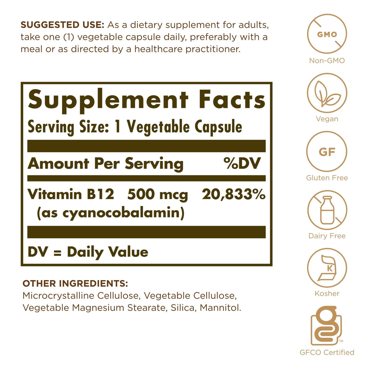 Solgar Vitamin B12 500 mcg – 100 Vegetarian Capsules | Energy Metabolism & Nervous System Support | Non-GMO, Vegan, Gluten & Dairy Free | 100 Servings