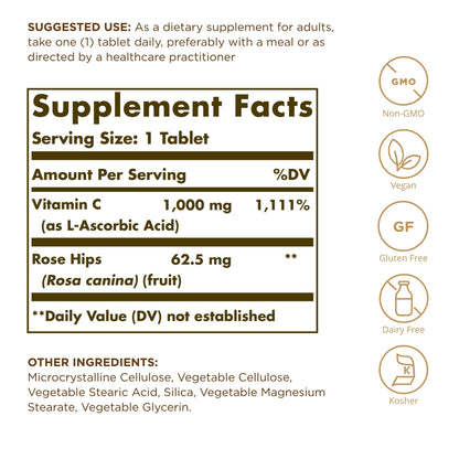 Solgar Vitamin C 1000 mg with Rose Hips – 100 Tablets | Non-GMO, Vegan, Gluten Free