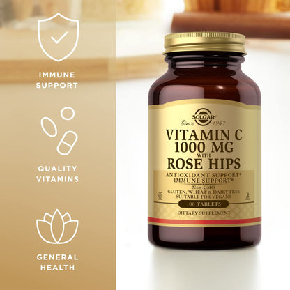 Solgar Vitamin C 1000 mg with Rose Hips – 100 Tablets | Non-GMO, Vegan, Gluten Free