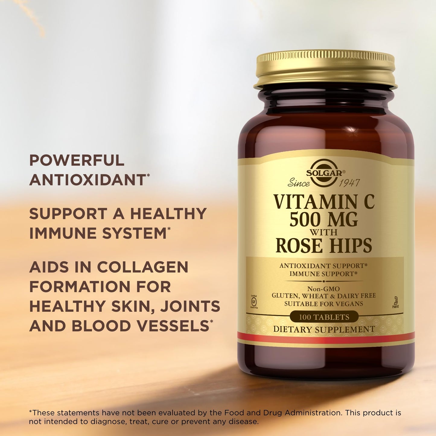 Solgar Vitamin C 500 mg with Rose Hips – 100 Tablets | Antioxidant & Immune Support