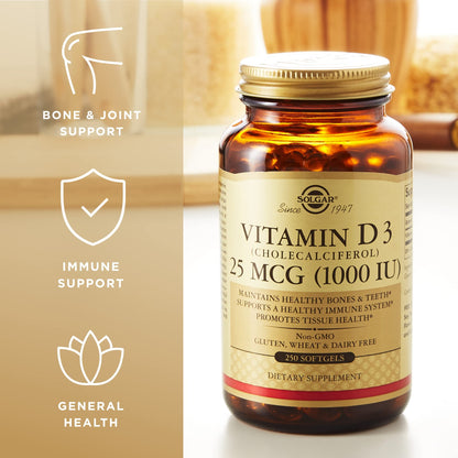 Solgar Vitamin D3 1000 IU Softgels – 250 Servings | Non-GMO, Gluten Free