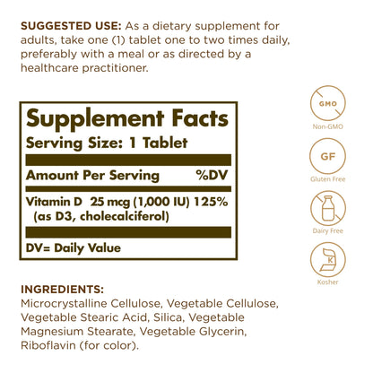 Solgar Vitamin D3 (Cholecalciferol) 25 mcg (1000 IU) – 90 Tablets | Supports Healthy Bones and Immune Health
