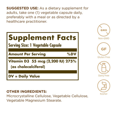 Solgar Vitamin D3 55 mcg (2200 IU) – 50 Veg Capsules | Bones & Immune Support