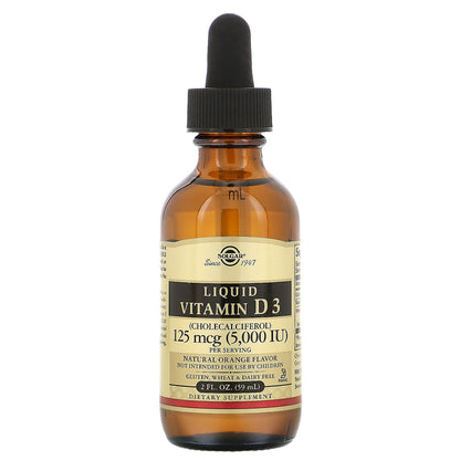 Solgar Liquid Vitamin D3 125 mcg (5,000 IU) – Orange Flavor, 59 Servings | Gluten Free, Dairy Free, Kosher