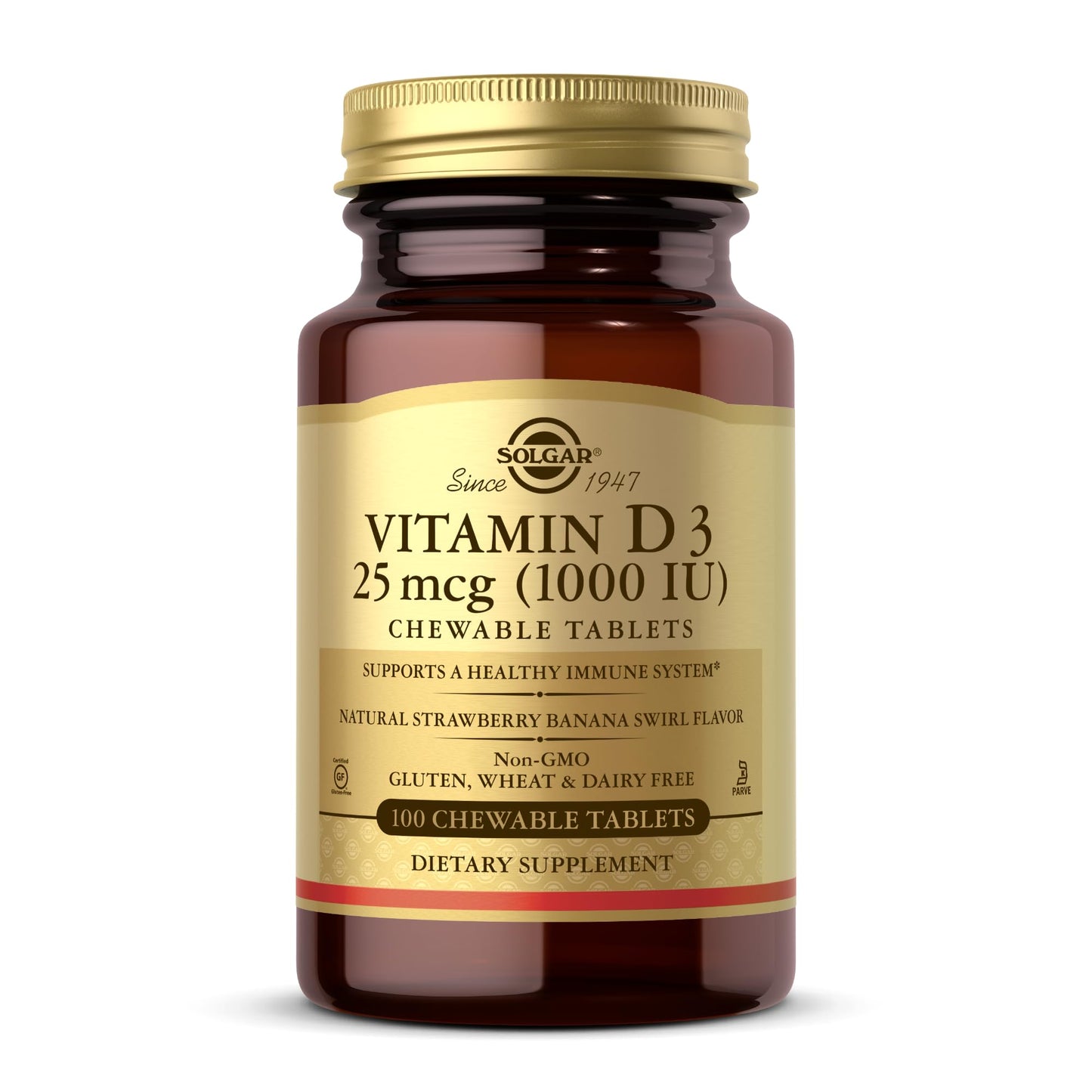 Solgar Vitamin D3 (Cholecalciferol) 25 mcg (1000 IU) - Strawberry Banana Swirl, 100 Chewable Tablets - Non-GMO, Kosher