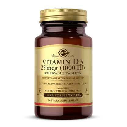 Solgar Vitamin D3 (Cholecalciferol) 25 mcg (1000 IU) - Strawberry Banana Swirl, 100 Chewable Tablets - Non-GMO, Kosher