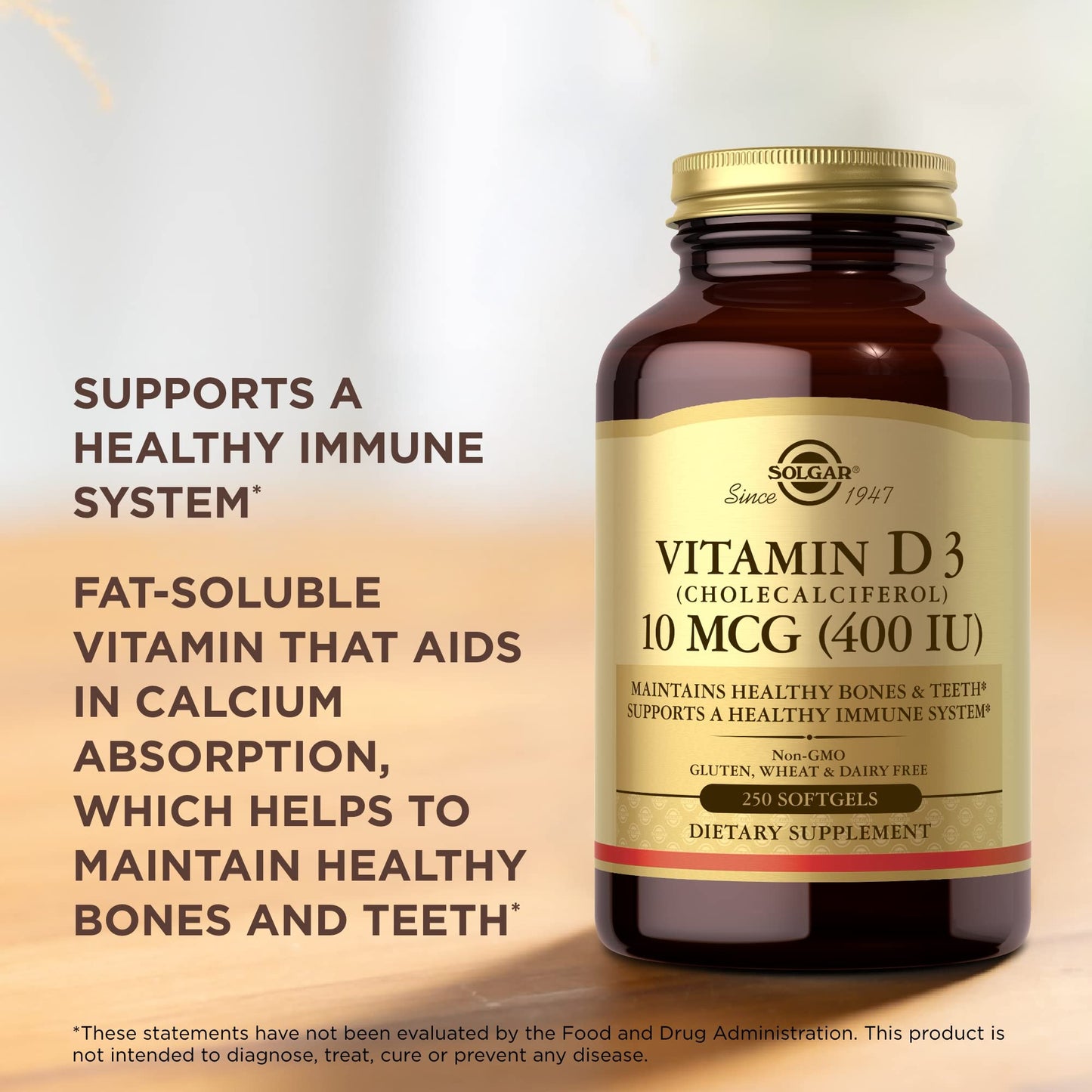 Solgar Vitamin D3 (Cholecalciferol) 10 mcg (400 IU) - 250 Softgels – Supports Healthy Bones, Teeth & Immune System