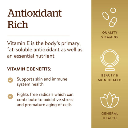 Solgar Vitamin E 670 mg (1000 IU) – 180 Softgels | Natural Antioxidant for Skin & Immune Support