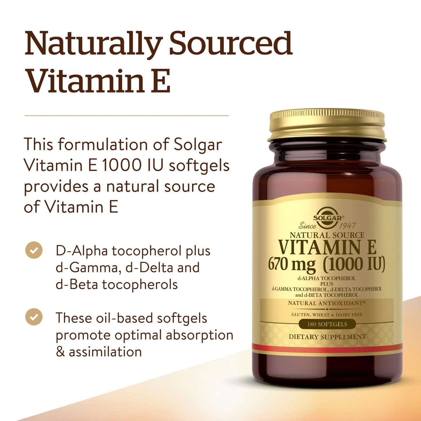 Solgar Vitamin E 670 mg (1000 IU) – 180 Softgels | Natural Antioxidant for Skin & Immune Support