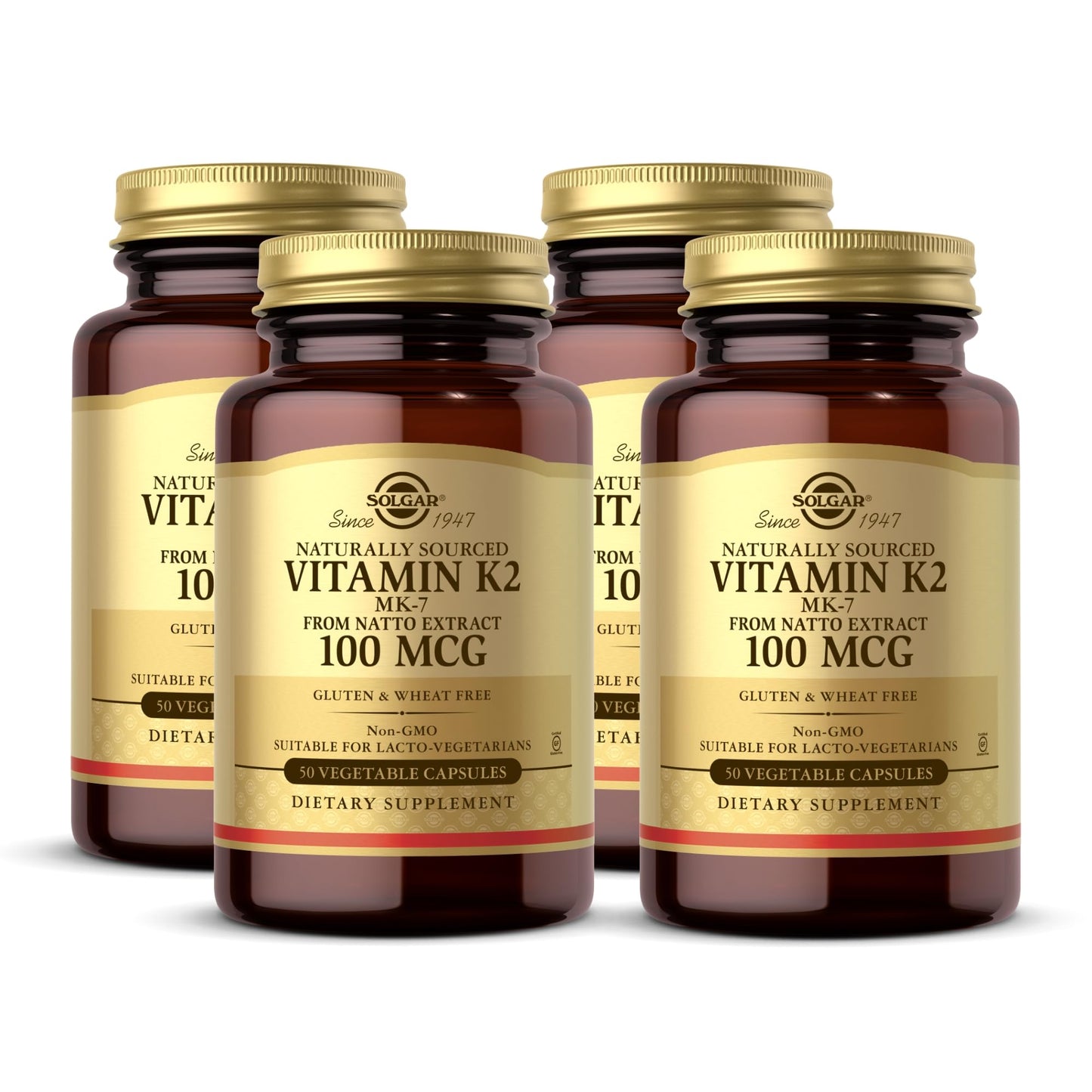 Solgar Vitamin K2 MK-7 100 mcg – Natto Whole-Food Source, 50 Vegetable Capsules x4 (200 Servings) – Non-GMO, Gluten Free