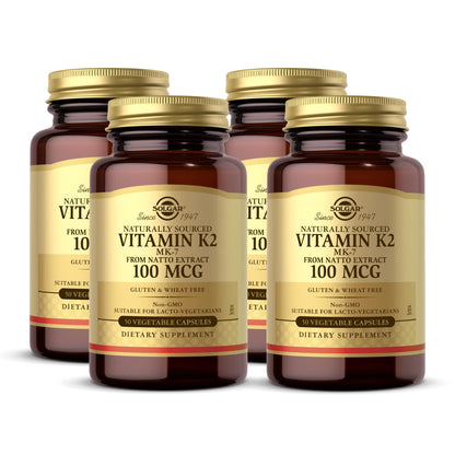 Solgar Vitamin K2 MK-7 100 mcg – Natto Whole-Food Source, 50 Vegetable Capsules x4 (200 Servings) – Non-GMO, Gluten Free