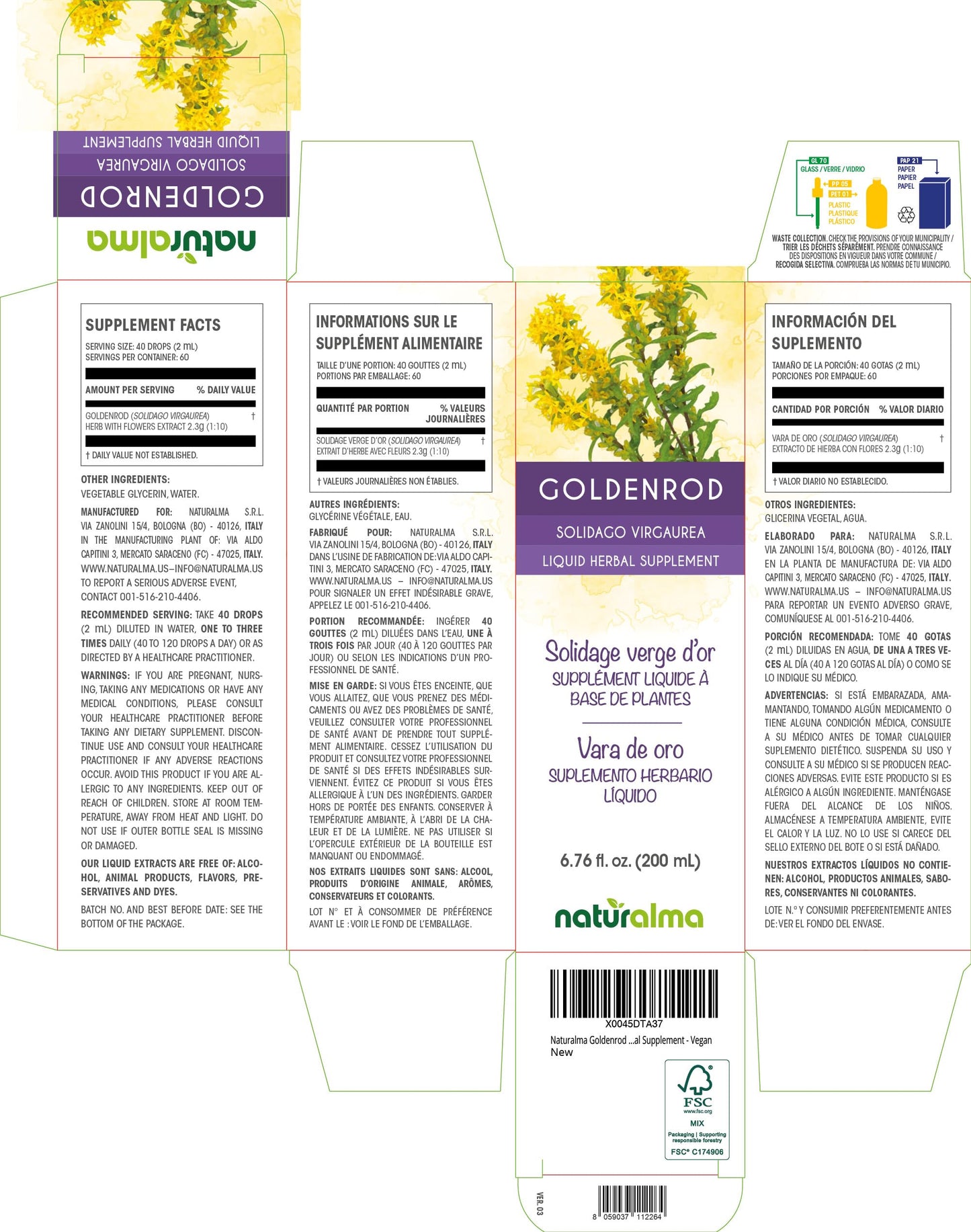 Naturalma Goldenrod Tincture 1:10 Alcohol-Free Drops, Vegan