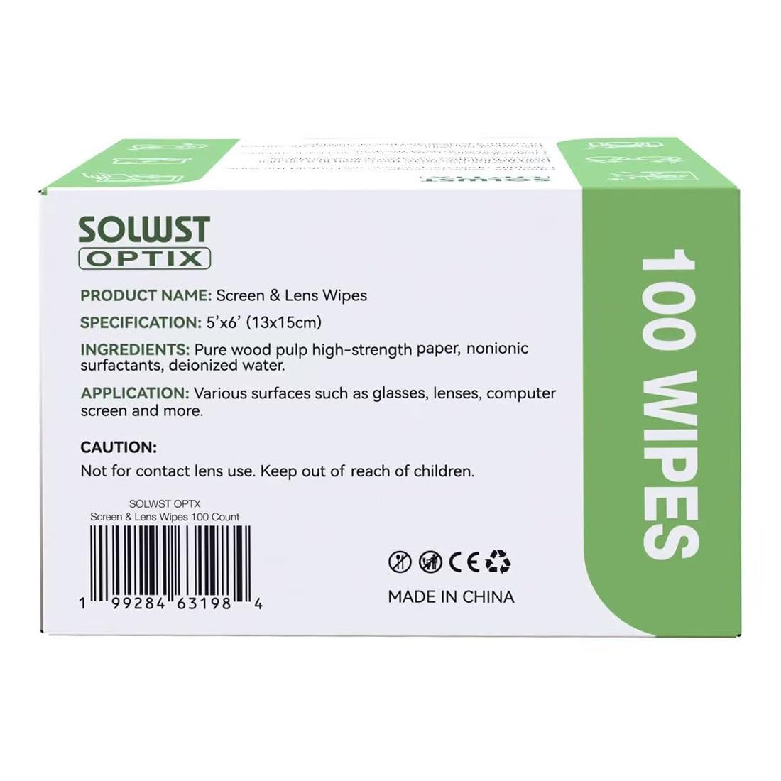 SOLWST Optix Lens Cleaning Wipes - 100 Pre-Moistened, Individually Wrapped for Eyeglasses, Lenses & Screens