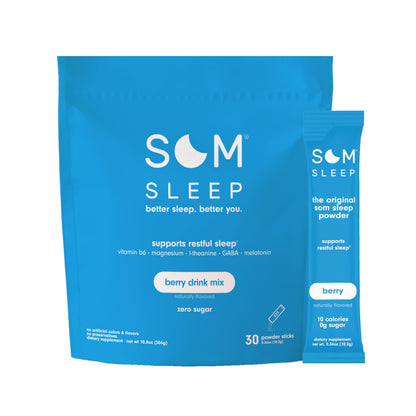 Som Sleep Calm Sleep Nighttime Powder Drink Mix — Berry, Melatonin 3mg, Magnesium, L-Theanine & GABA | Vegan, Zero Sugar, 30-Pack