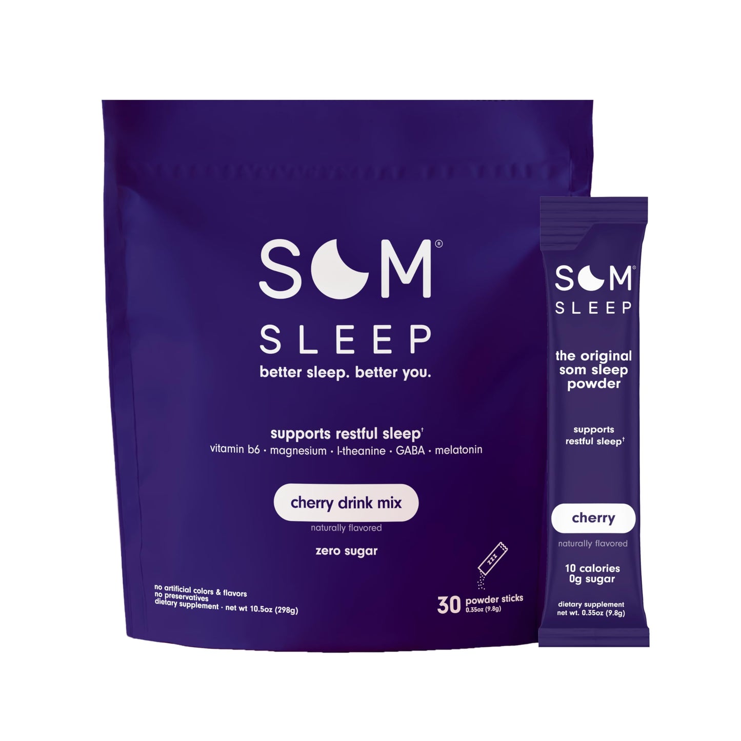Som Sleep Calm Sleep Aid Powder Drink Mix – 3mg Melatonin, Magnesium, L-Theanine & GABA | Vegan, Zero Sugar, Cherry, 30-Pack