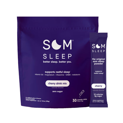 Som Sleep Calm Sleep Aid Powder Drink Mix – 3mg Melatonin, Magnesium, L-Theanine & GABA | Vegan, Zero Sugar, Cherry, 30-Pack