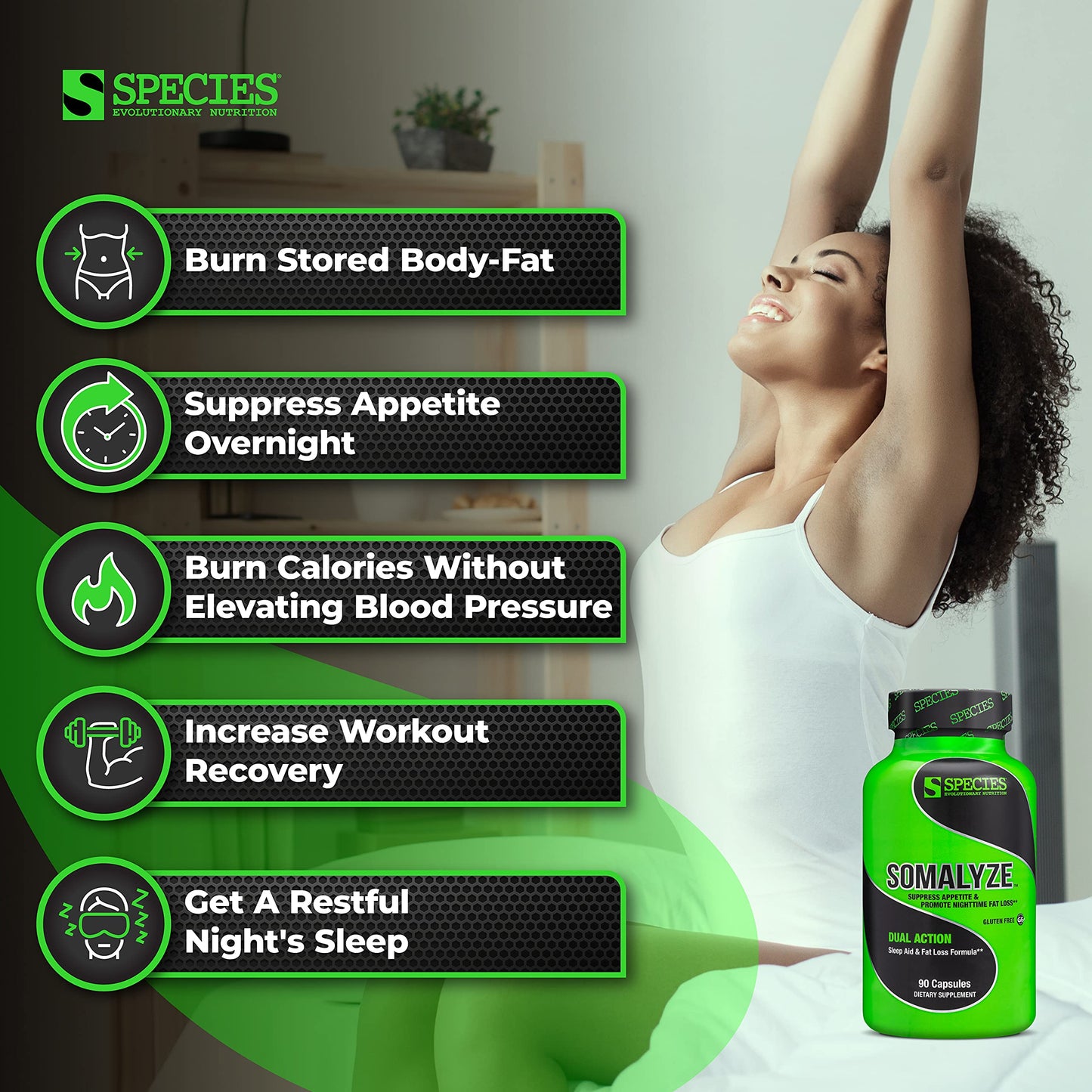 Somalyze Stimulant-Free Nighttime Appetite Suppressant | GABA & Melatonin | Gluten Free, 90 Capsules | Species Nutrition