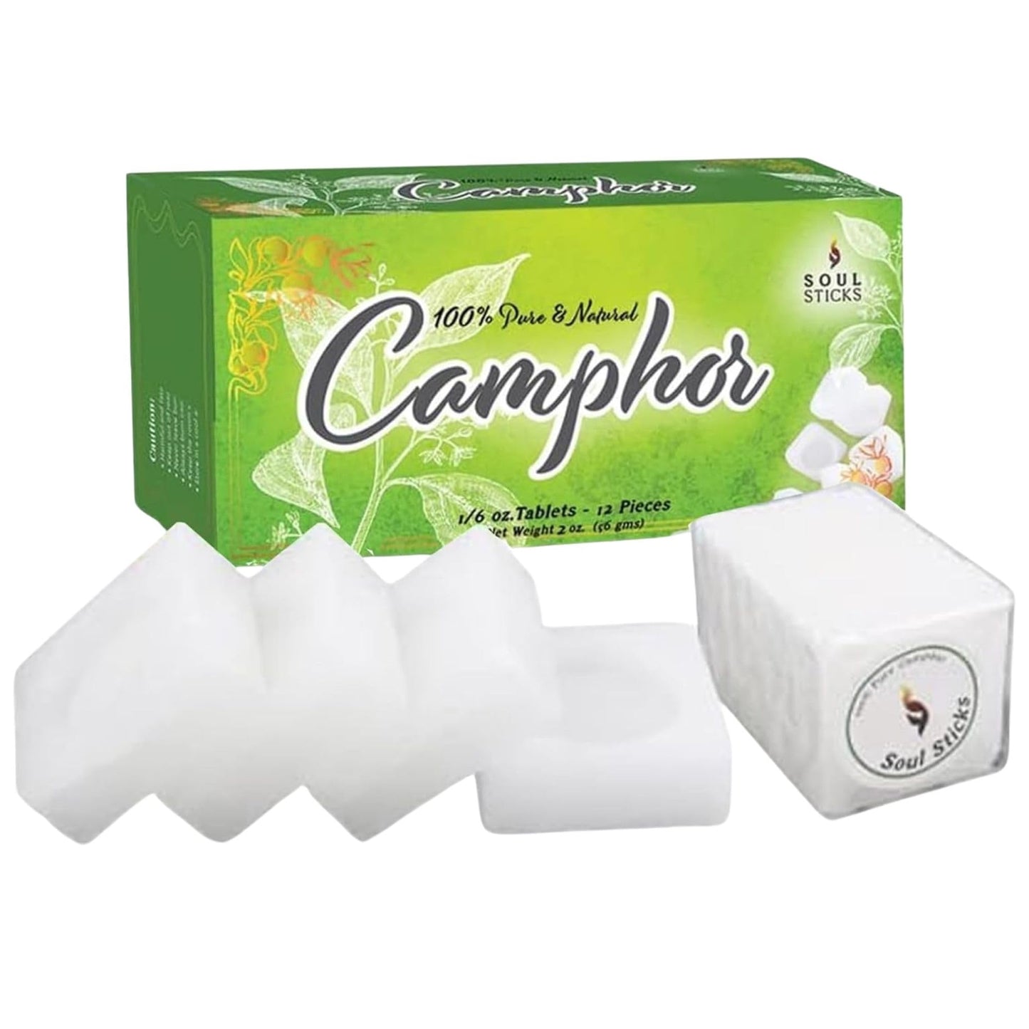 SOUL STICKS Natural Camphor Blocks & Tablets – Pure Camphor for Aromatherapy, Puja & Kapoor (56g, 12 Tablets)
