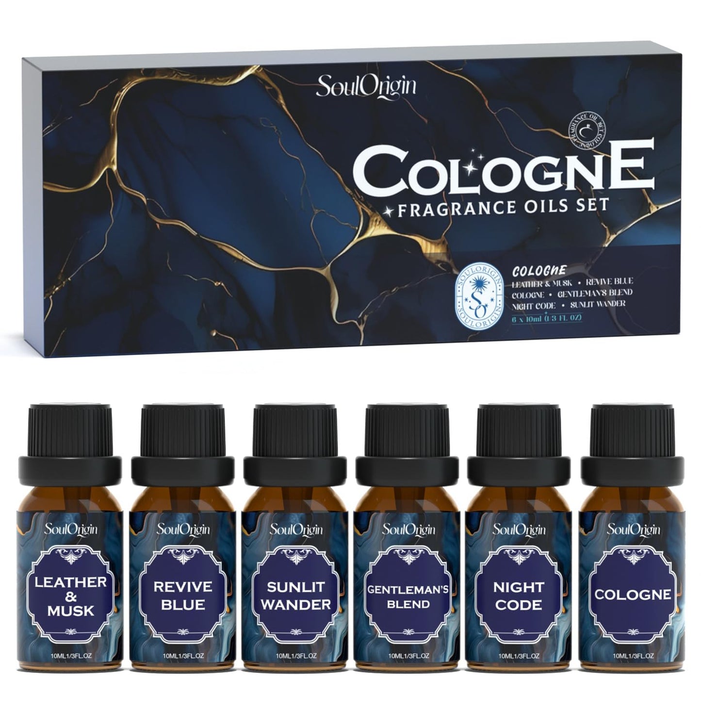 Soulorigin Cologne Fragrance Oils Set – Leather & Musk, Revive Blue, Sunlit Wander, Gentleman's Blend, Night Code, Cologne