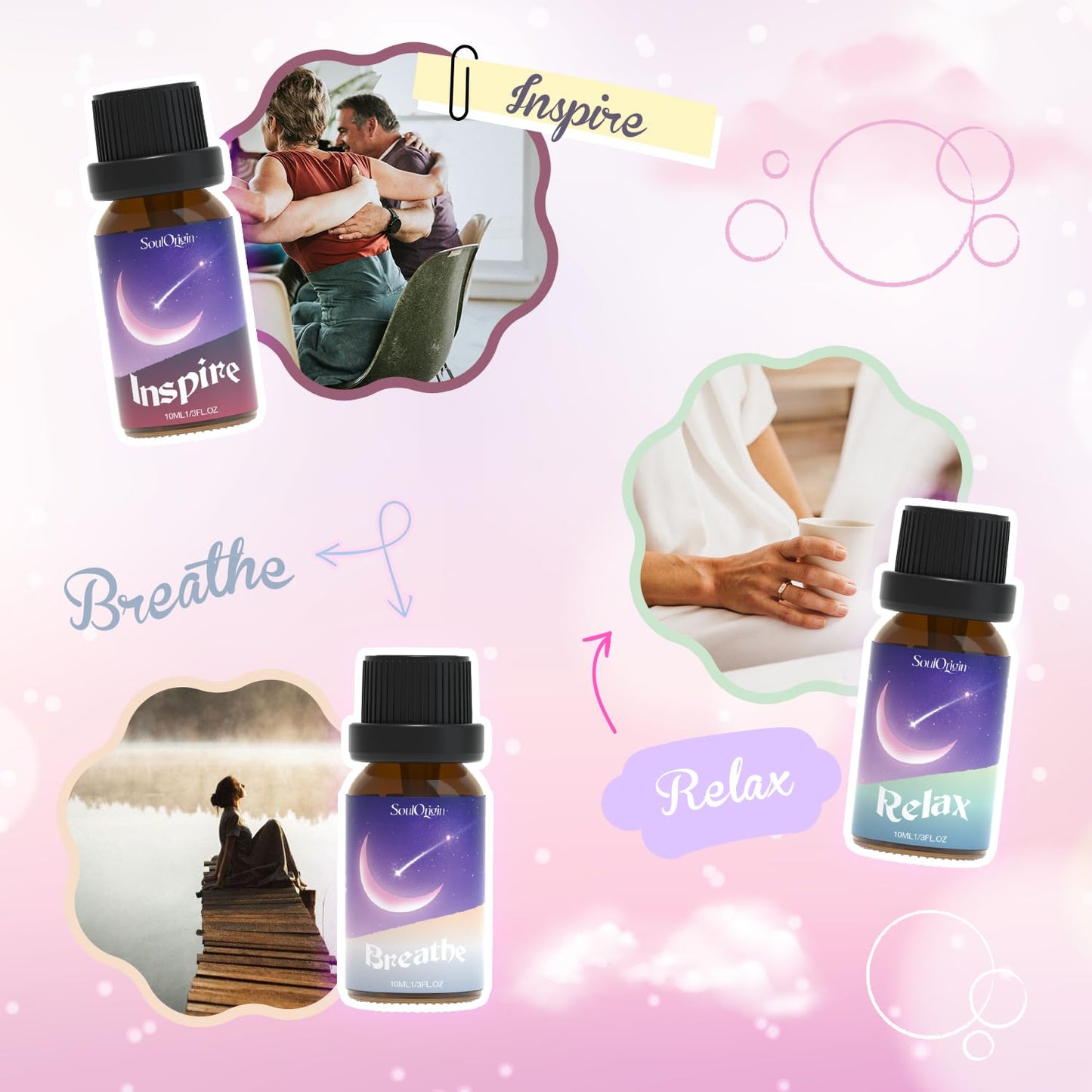 Soulorigin Essential Oil Blends - Sleep, Happy, Breathe, Inspire, Relax & Focus On | Diffuser Oils Gift Kit