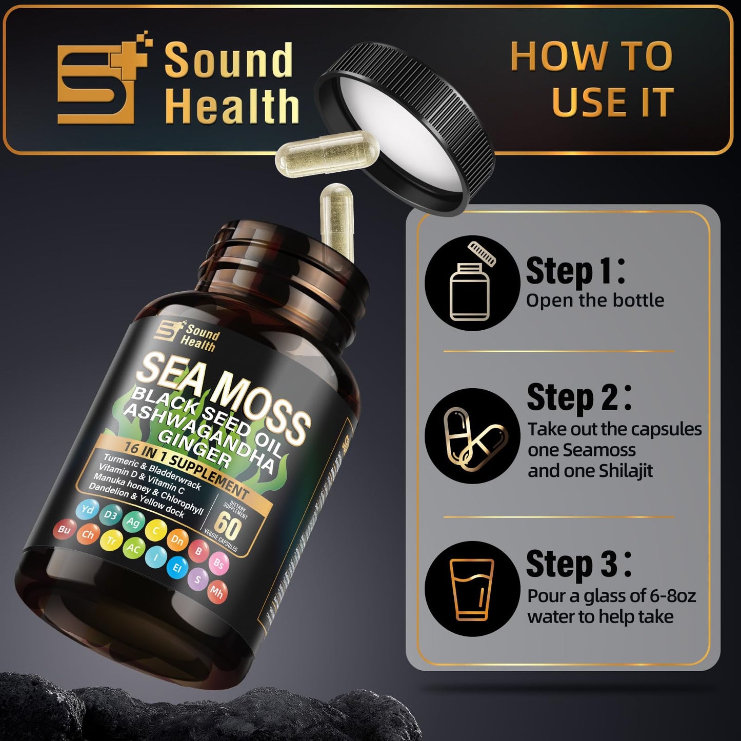 SoundHealth Sea Moss Capsules – 8000mg Sea Moss, 4000mg Black Seed, 2000mg Ashwagandha, Turmeric & Burdock, Vitamin C & D3 (30 Days)