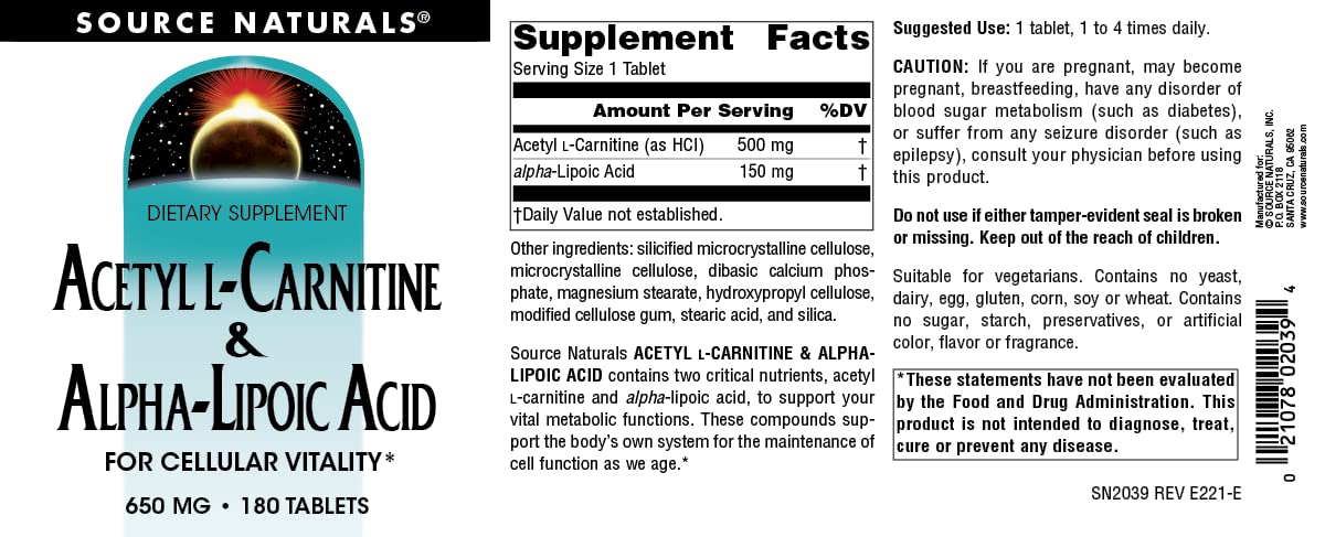Source Naturals Acetyl L-Carnitine & Alpha-Lipoic Acid 650mg – 180 Tablets