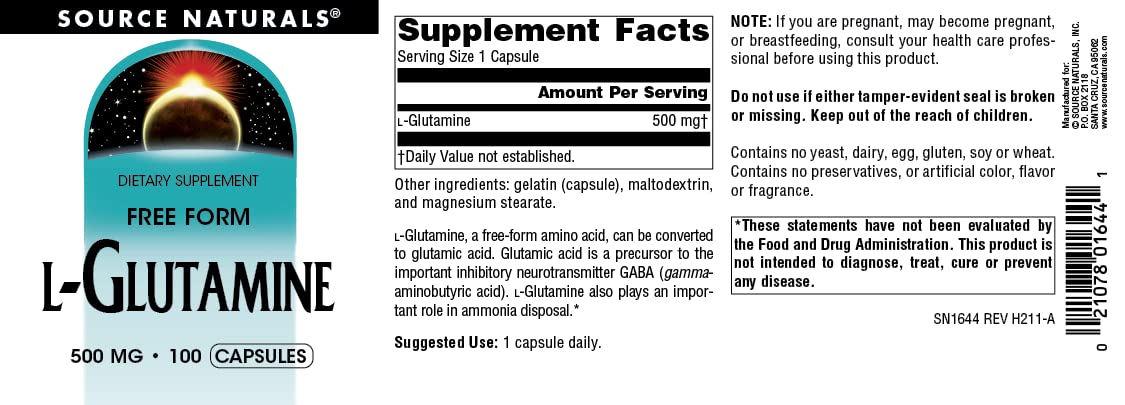 Source Naturals Free Form L-Glutamine 500 mg - 100 Capsules