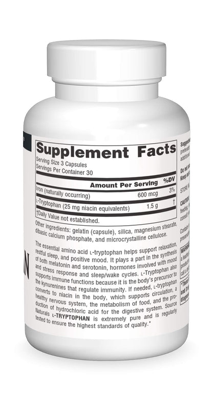 Source Naturals L-Tryptophan 500 mg, 90 Caps – Sleep, Mood & Metabolism Support
