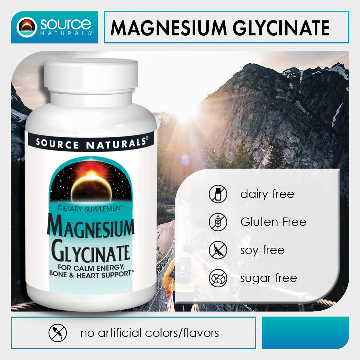 Source Naturals Magnesium Glycinate, Chelated for High Absorption | Calm Energy, Bone & Heart Support*, 200 mg per Serving - 60 Tablets