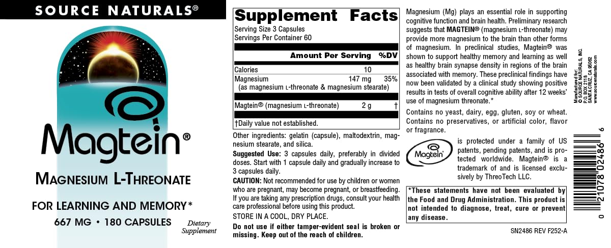Source Naturals Magtein Magnesium L-Threonate 667mg – Focus, Mood & Memory Support | 180 Capsules