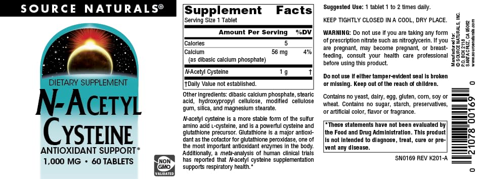 Source Naturals N-Acetyl Cysteine 1000 mg – Antioxidant Support for Respiratory Health | 60 Tablets