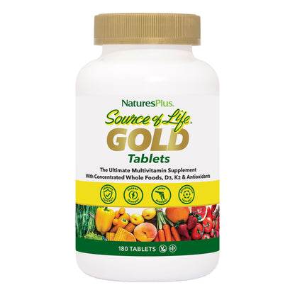 NaturesPlus Source of Life Gold Multivitamin – 180 Tablets | D3 & B12 | Blood, Bone & Immune Support | Vegetarian & Gluten Free | 60 Servings