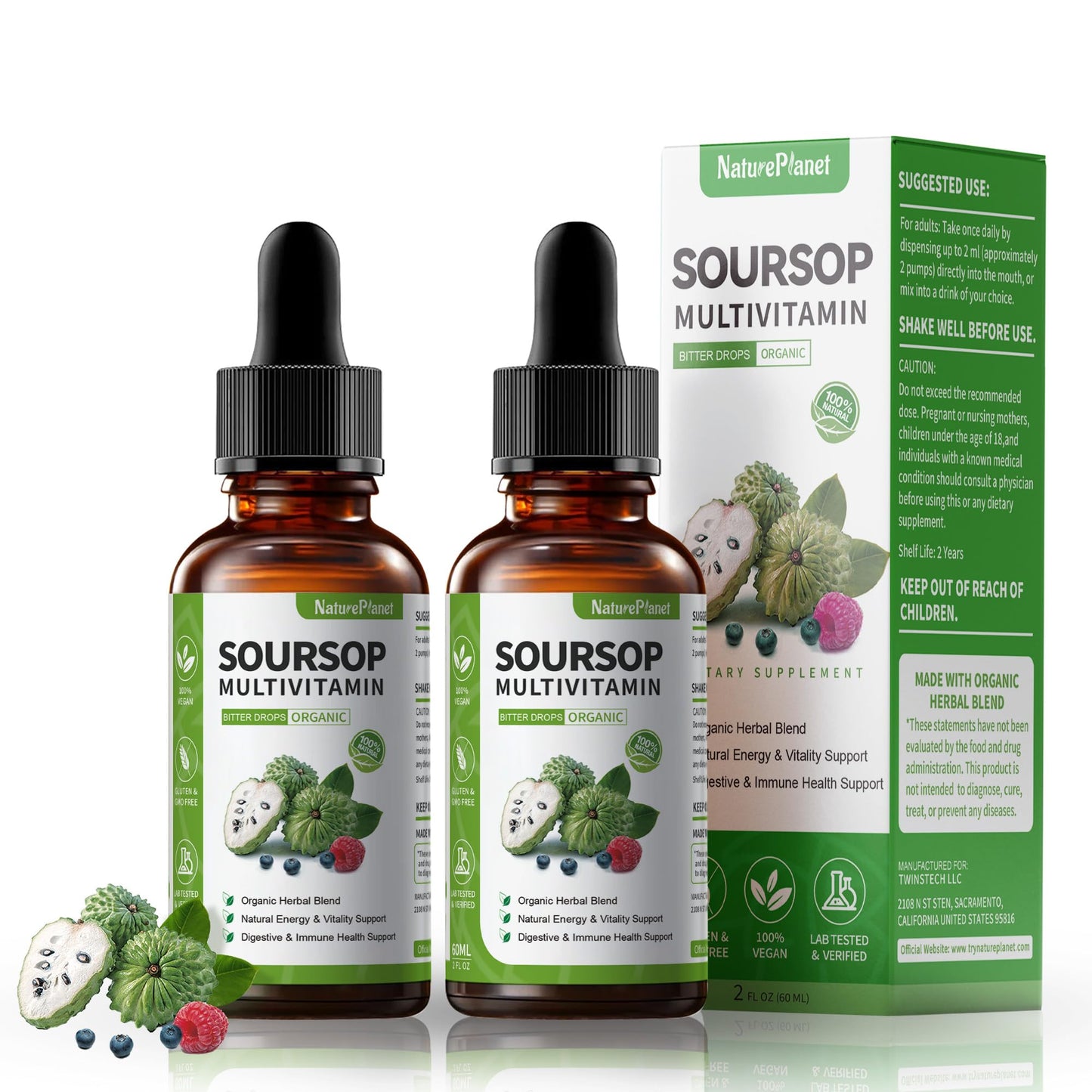 NaturePlanet Soursop Bitters Drops with Vitamin C, D3 & B6 — Immune Support & Digestive Health