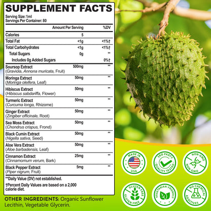 80ML Soursop Bitters Liquid Drops – 10-in-1 Multivitamin with Leaf Extract & Sea Moss | Immunity, Gut, Skin | 2.8 fl oz