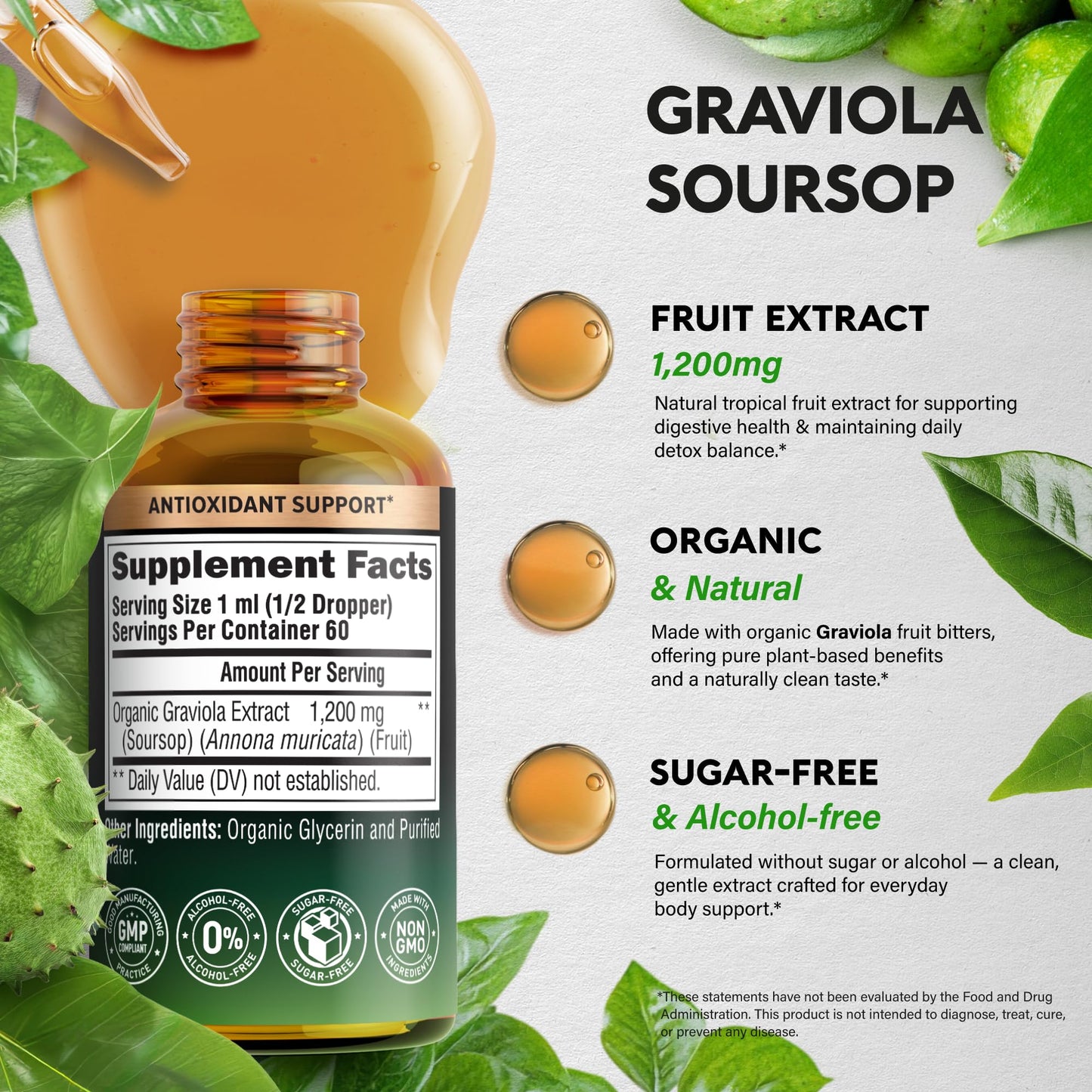 USDA Organic Graviola Soursop Bitters Liquid – Digestive Detox & Immune Support | 2 Fl Oz | Made in USA