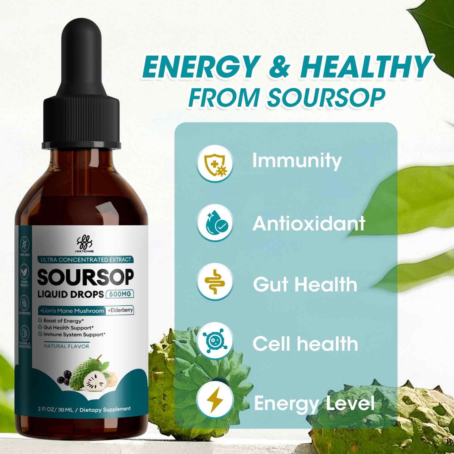 Soursop Graviola Liquid with Elderberry & Lion's Mane – Immune Support