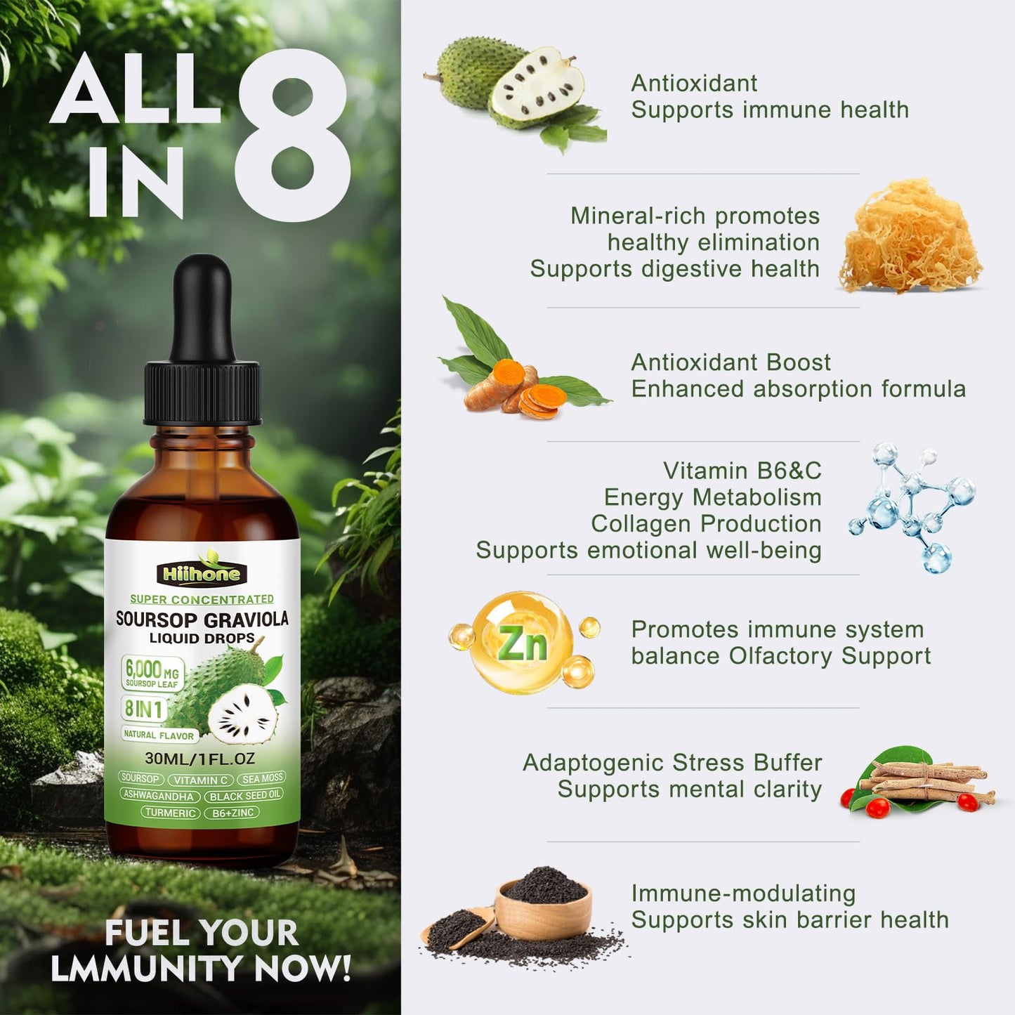 8 in 1 Graviola Soursop Liquid – Immune & Liver Support, Antioxidant, 1 Fl Oz