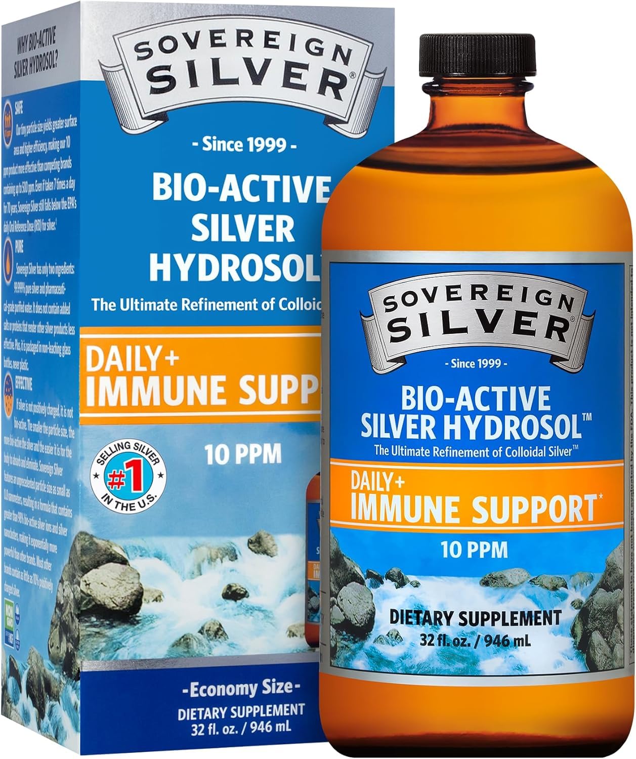 Sovereign Silver Immune Support - Colloidal Silver Hydrosol, 10 ppm, 32 oz