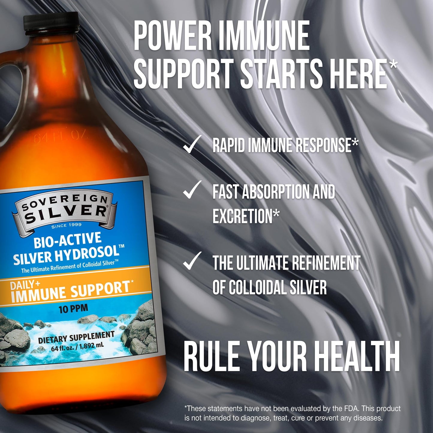 Sovereign Silver Immune Support - Colloidal Silver 10 ppm, 64 Fl Oz (1,892 mL)