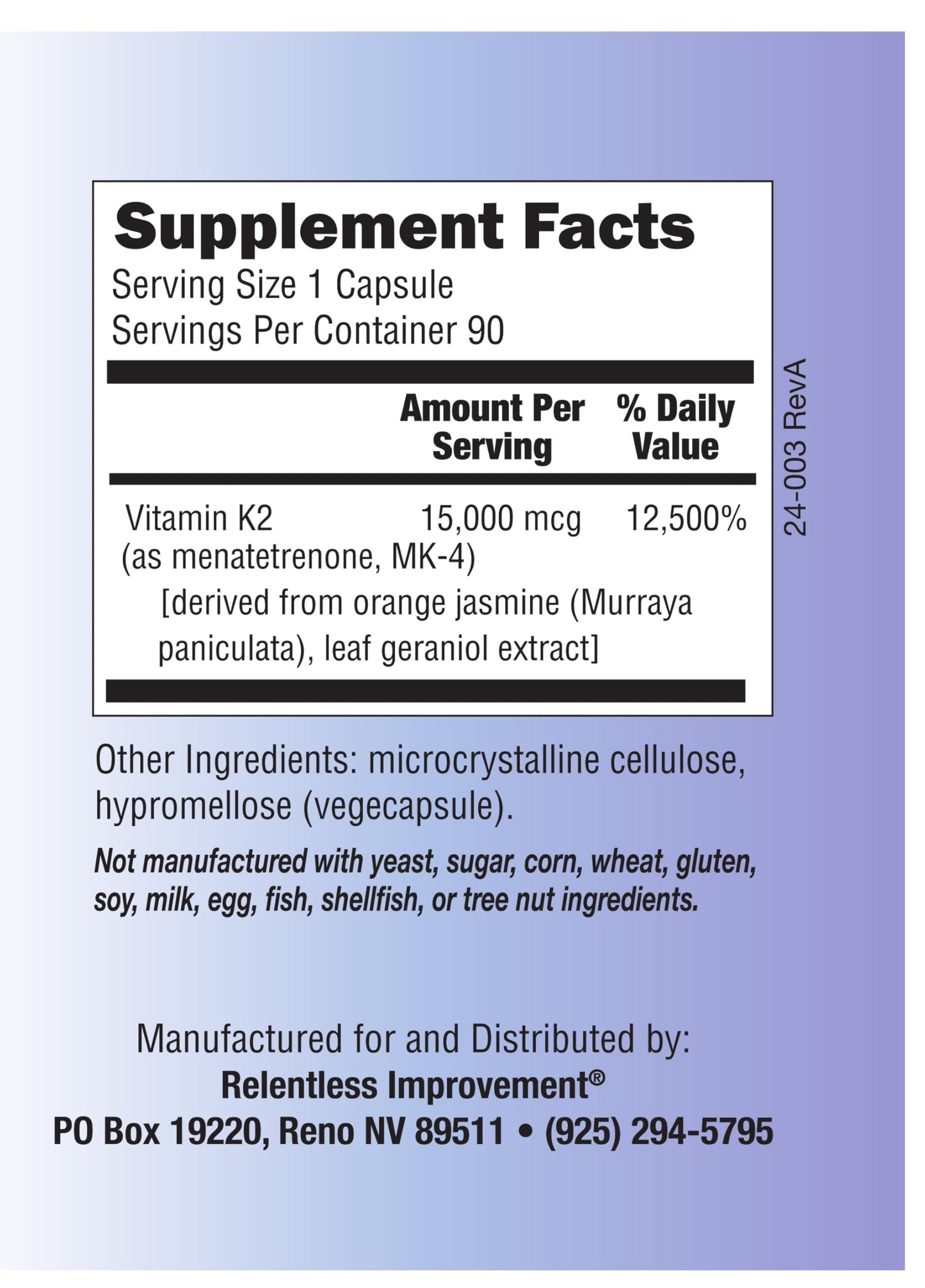 Relentless Improvement Vitamin K2 MK4 15,000 mcg — High-Potency, Soy-Free Vegi-Capsules