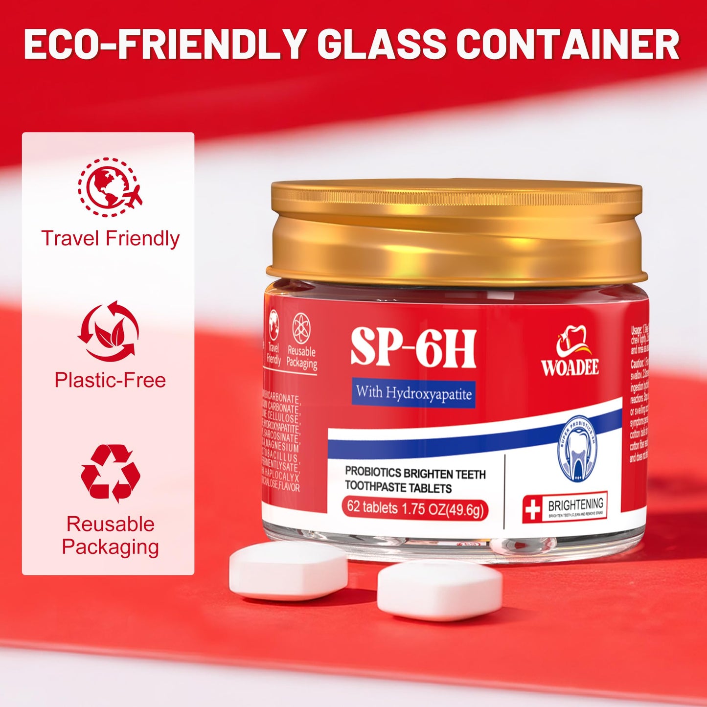 SP-6 Probiotics & Hydroxyapatite Toothpaste Tablets - Remineralizing, Fluoride-Free Whitening (62 Count)