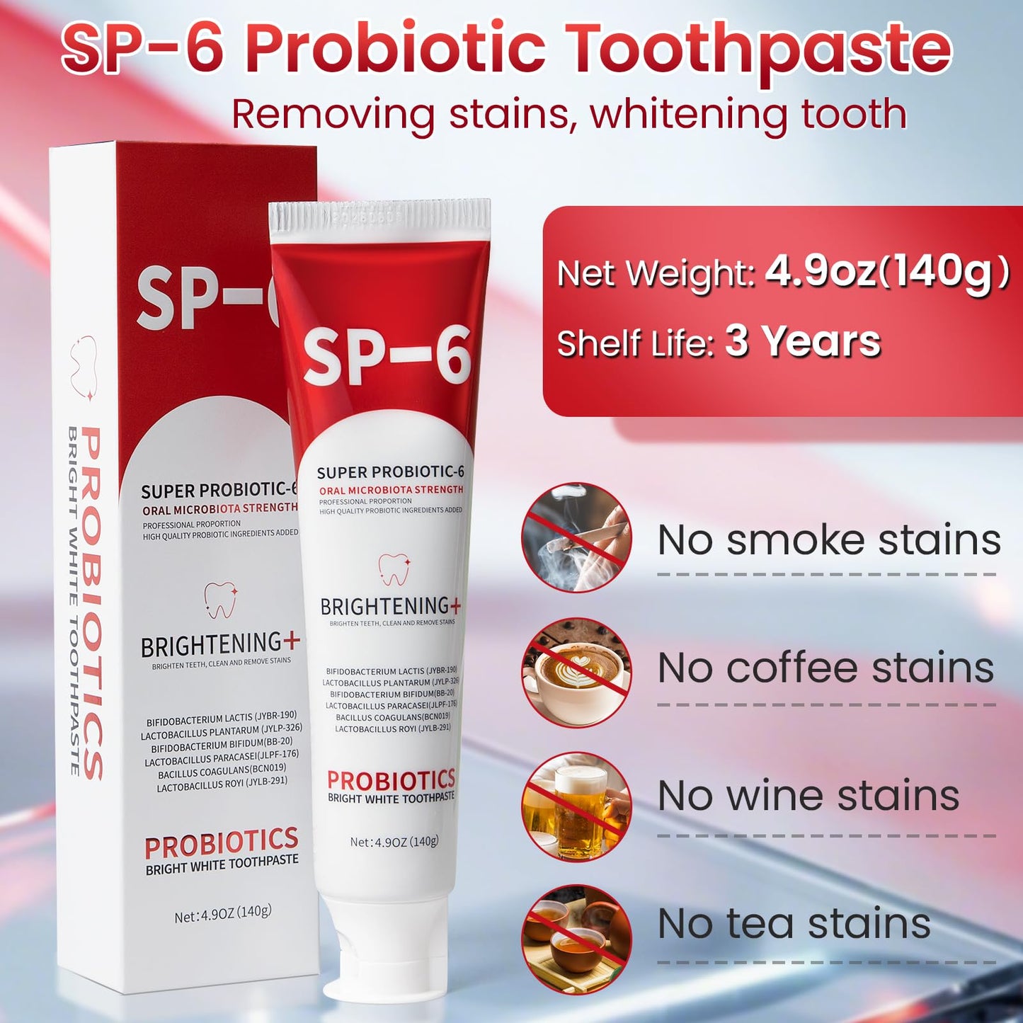SP-6 Probiotic Whitening Toothpaste - 2 Pack, Fluoride-Free, Enamel-Safe Mint 4.9oz