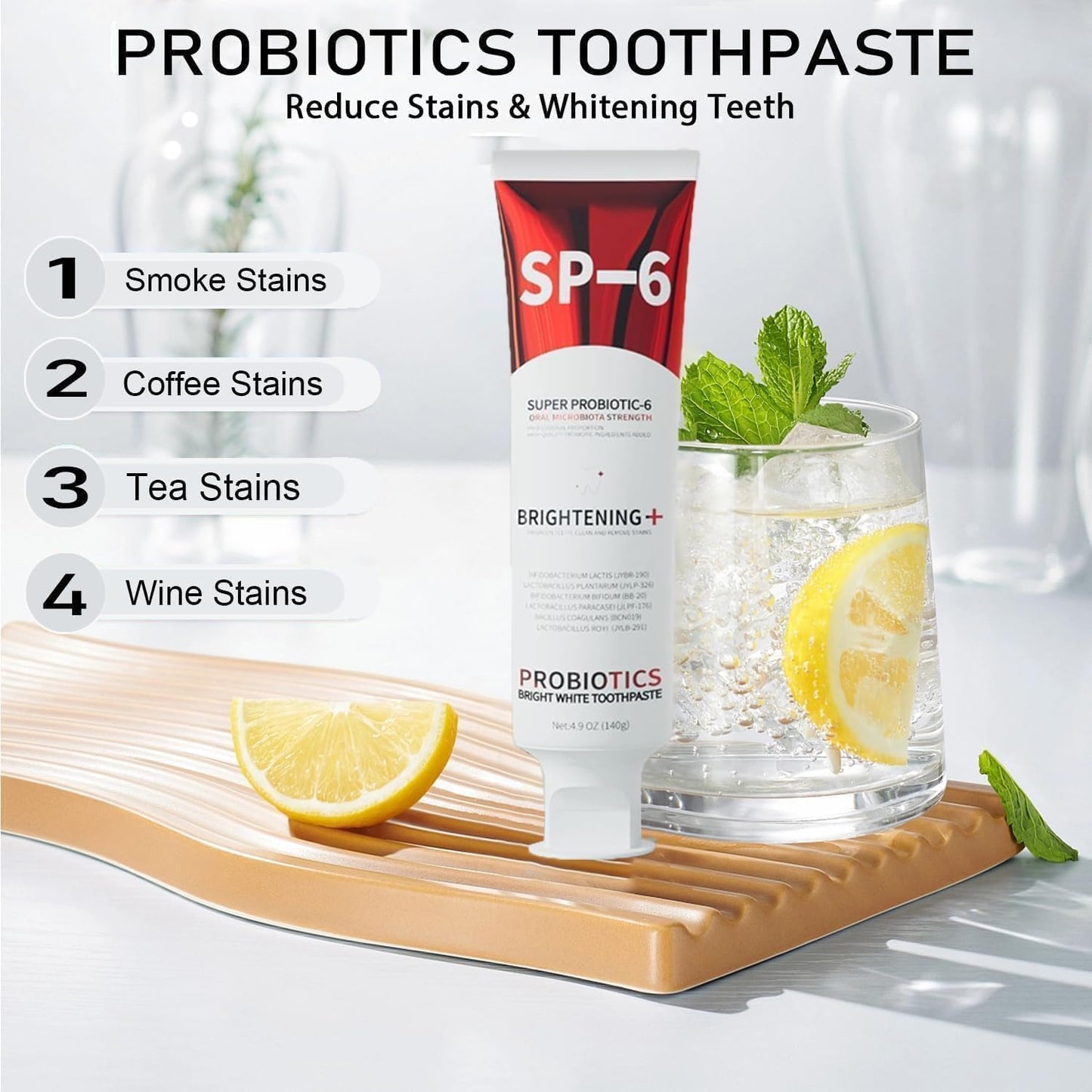 SP-6 Probiotics Whitening Toothpaste – Teeth Whitening, Gum Health, 6 Probiotics, Fluoride-Free, Minty Fresh